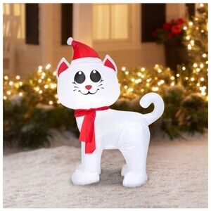 3.5ft White Christmas Cat with Santa Hat Holiday Airblown Inflatable